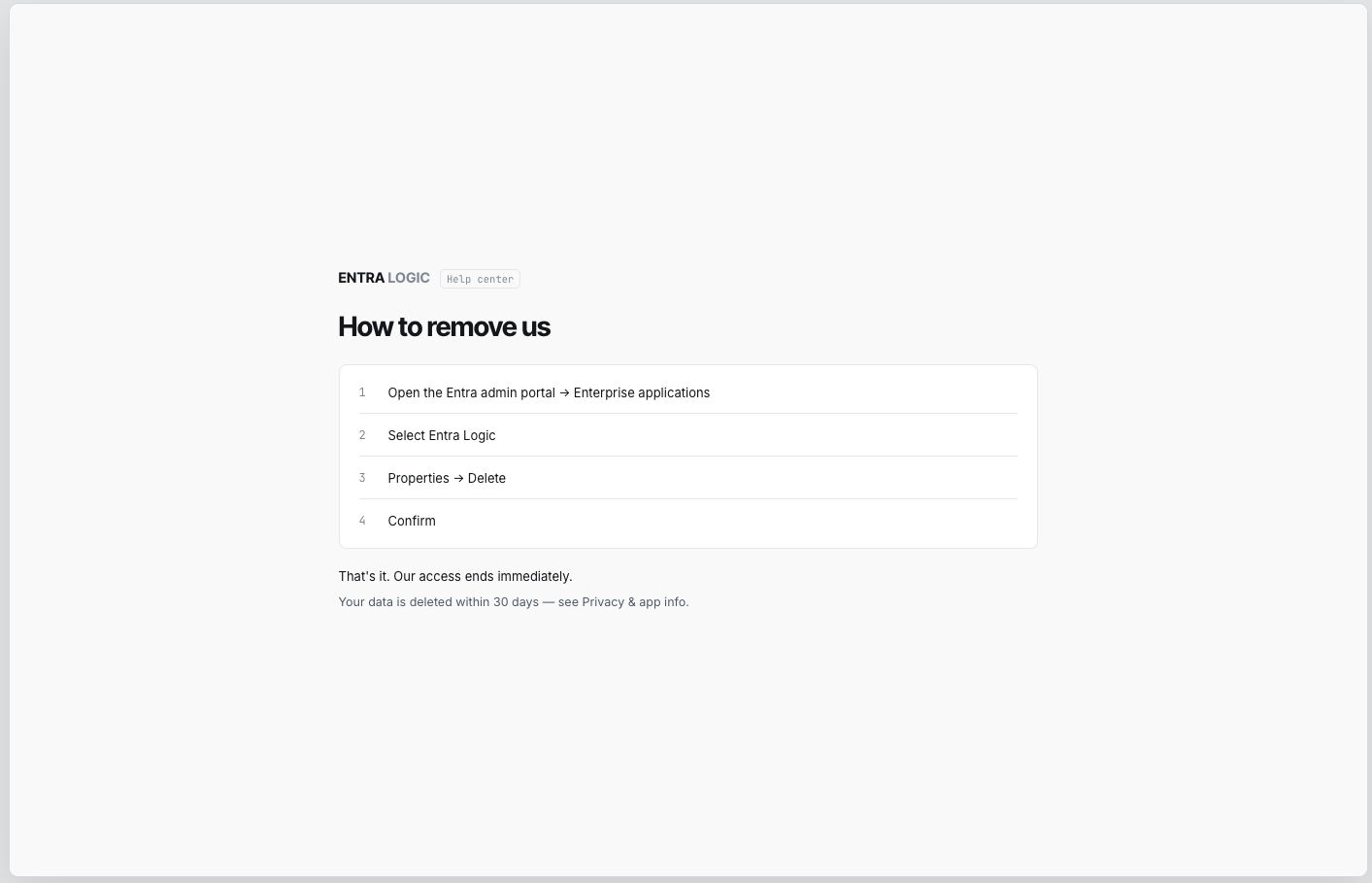 Help centre article showing the four steps to remove Entra Logic from a tenant, with data deleted within 30 days