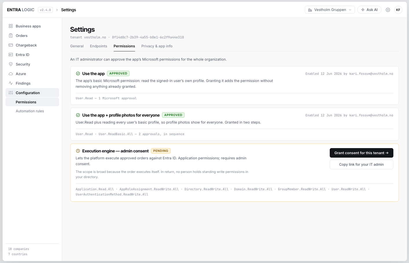 Microsoft Graph permissions with grade and admin consent status
