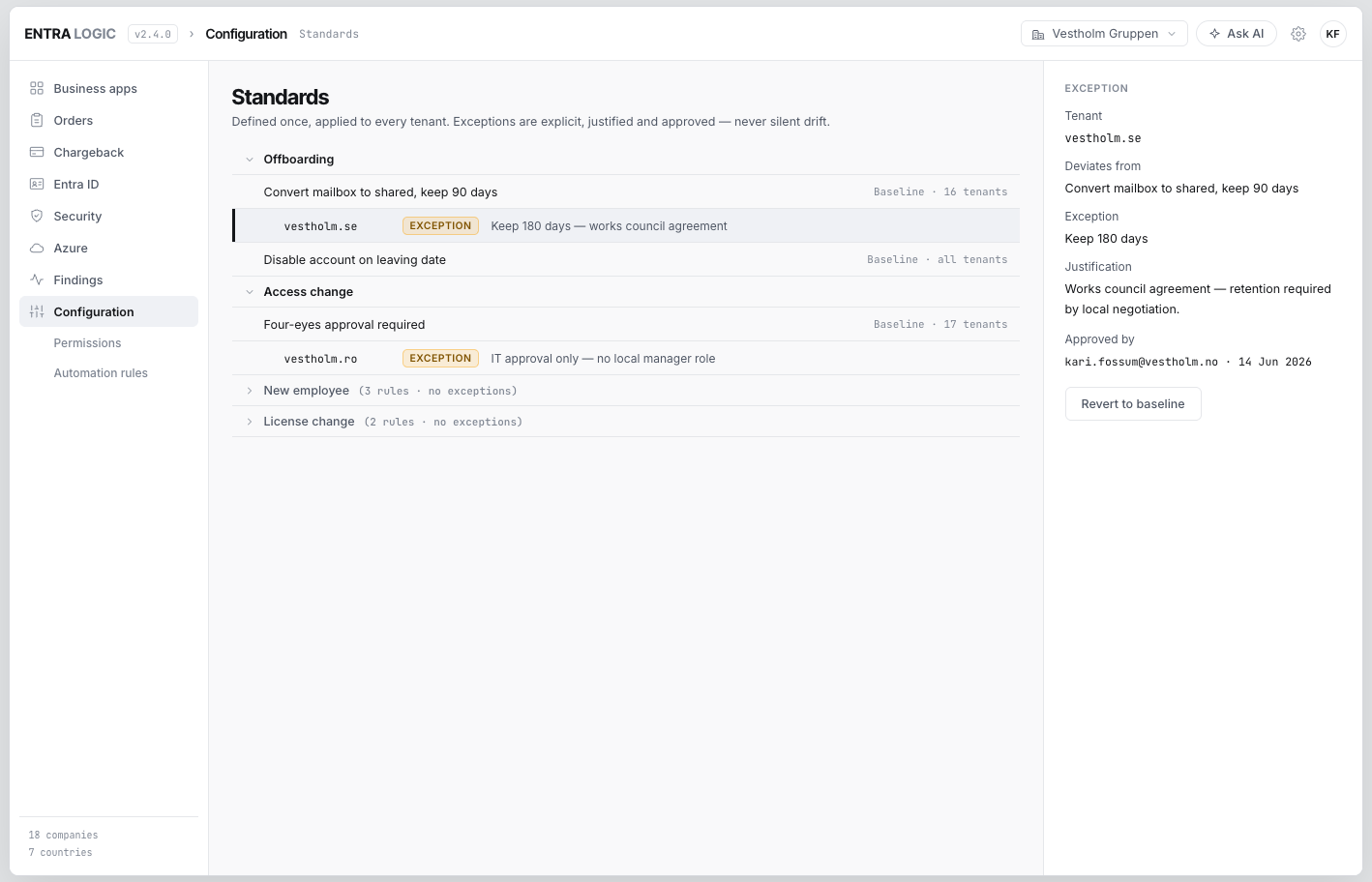 Cross-tenant standards with baseline rules and two approved exceptions, one selected showing its justification, approver, date and a revert-to-baseline control