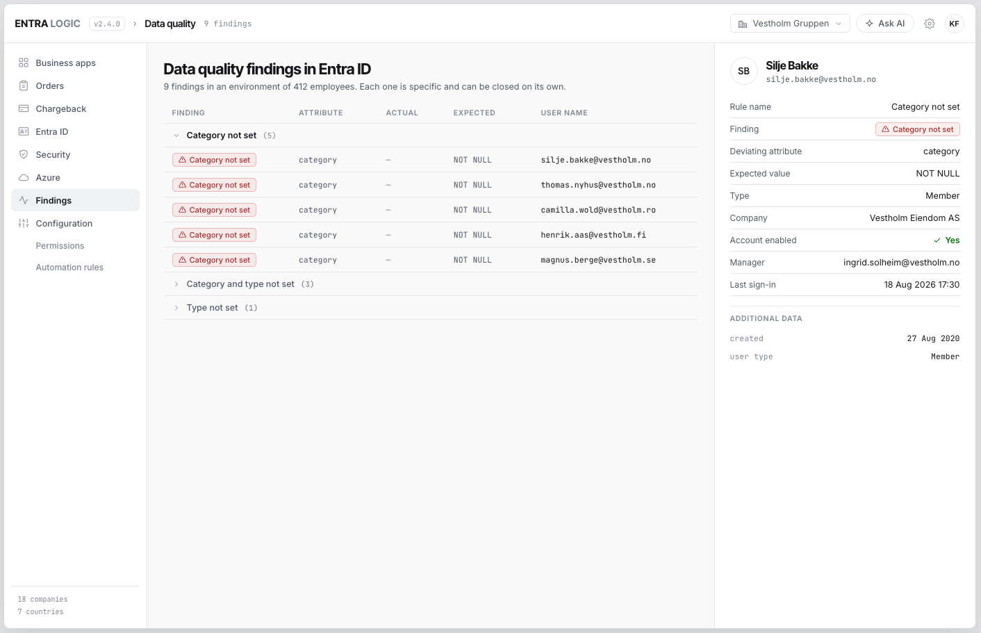 Data quality findings listing accounts with missing or inconsistent attributes