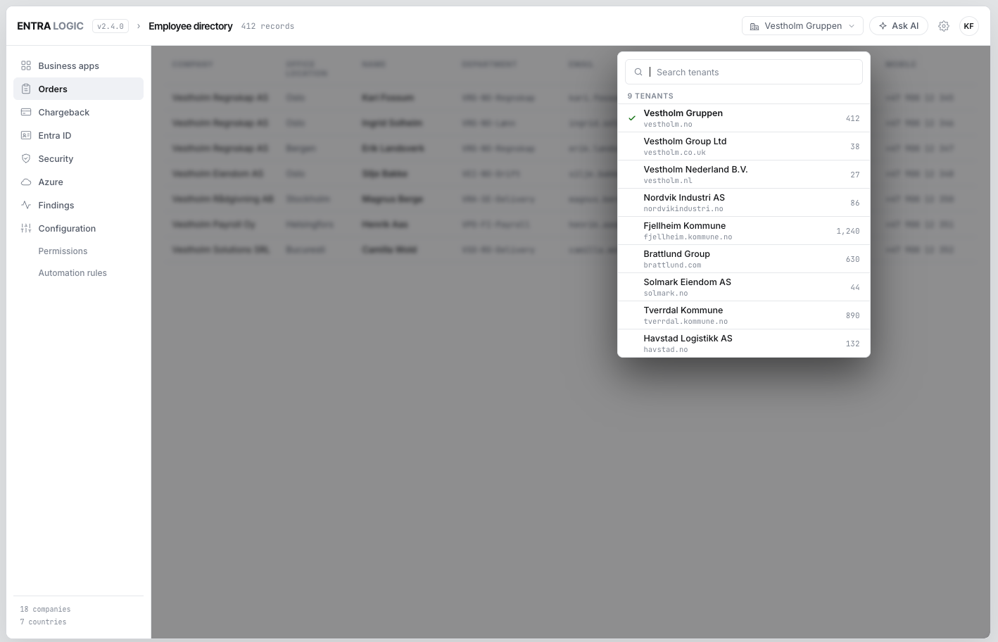 Tenant switcher open, listing all connected tenants with their identity counts