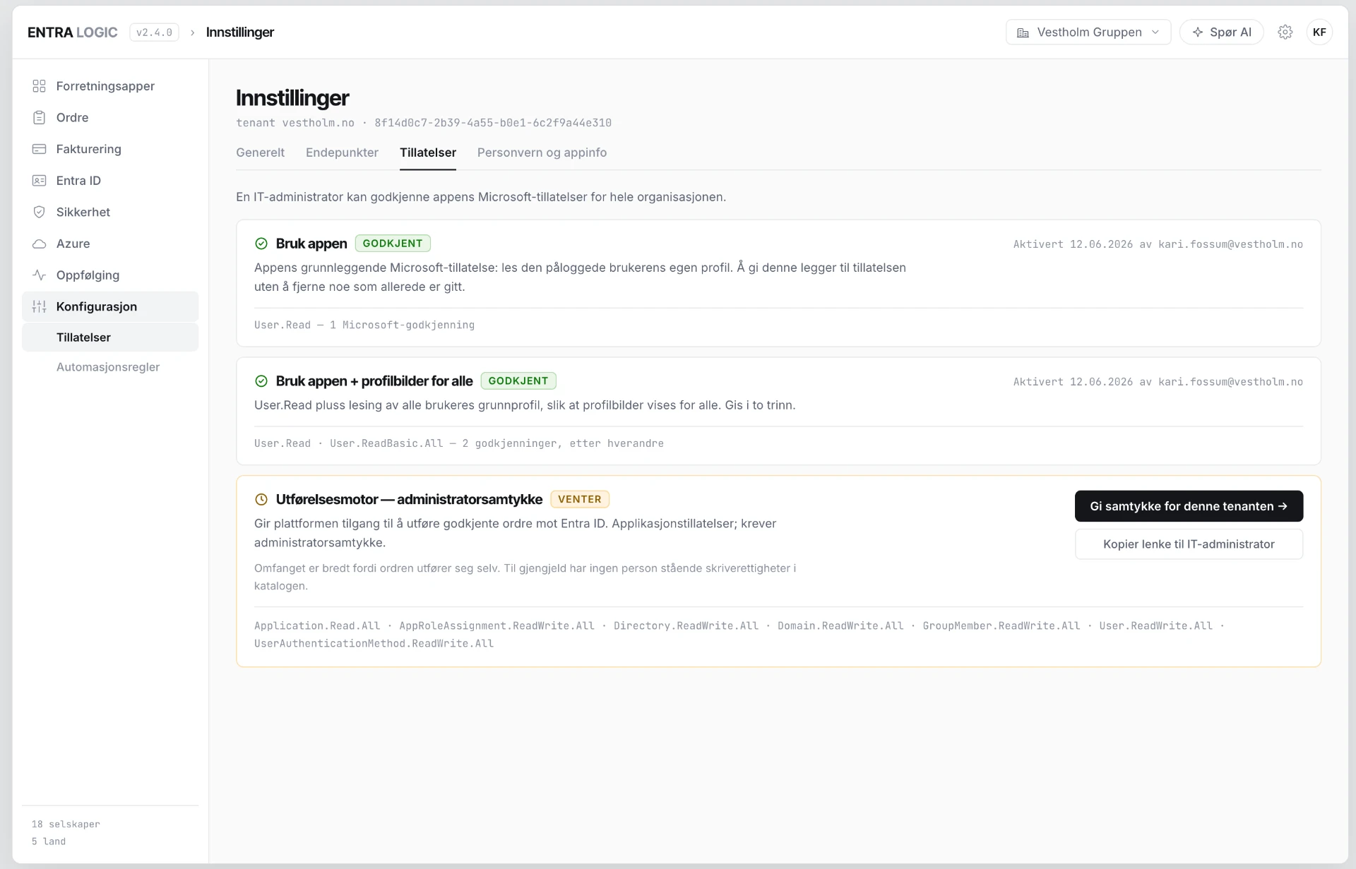 Entra Logic — tillatelser og administratorsamtykke vist i produktets innstillinger