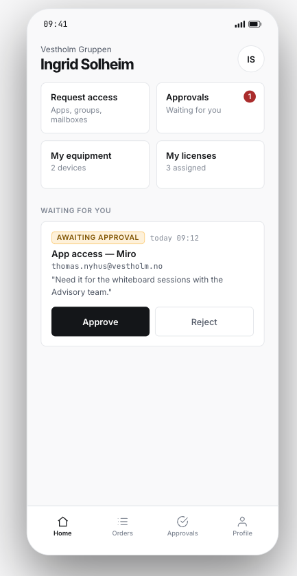 Employee iOS app showing access requests, approvals waiting for you, equipment and licenses