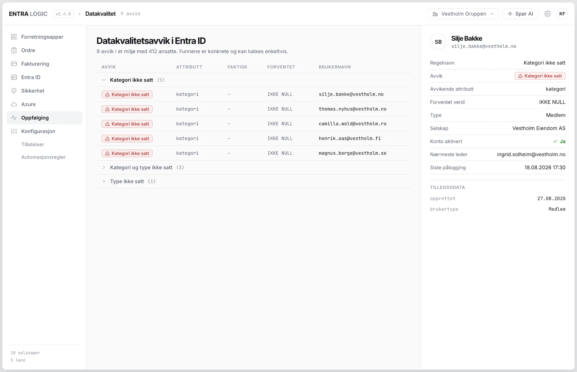 Datakvalitetsbildet i Entra Logic viser avvik i ansattdata som må rettes