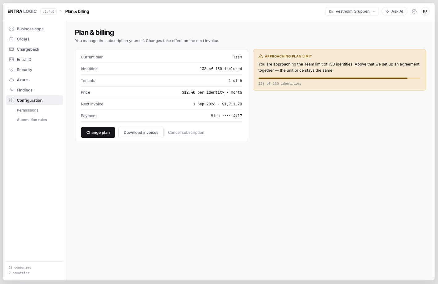 Plan and billing screen with current plan, managed identities and cancellation control