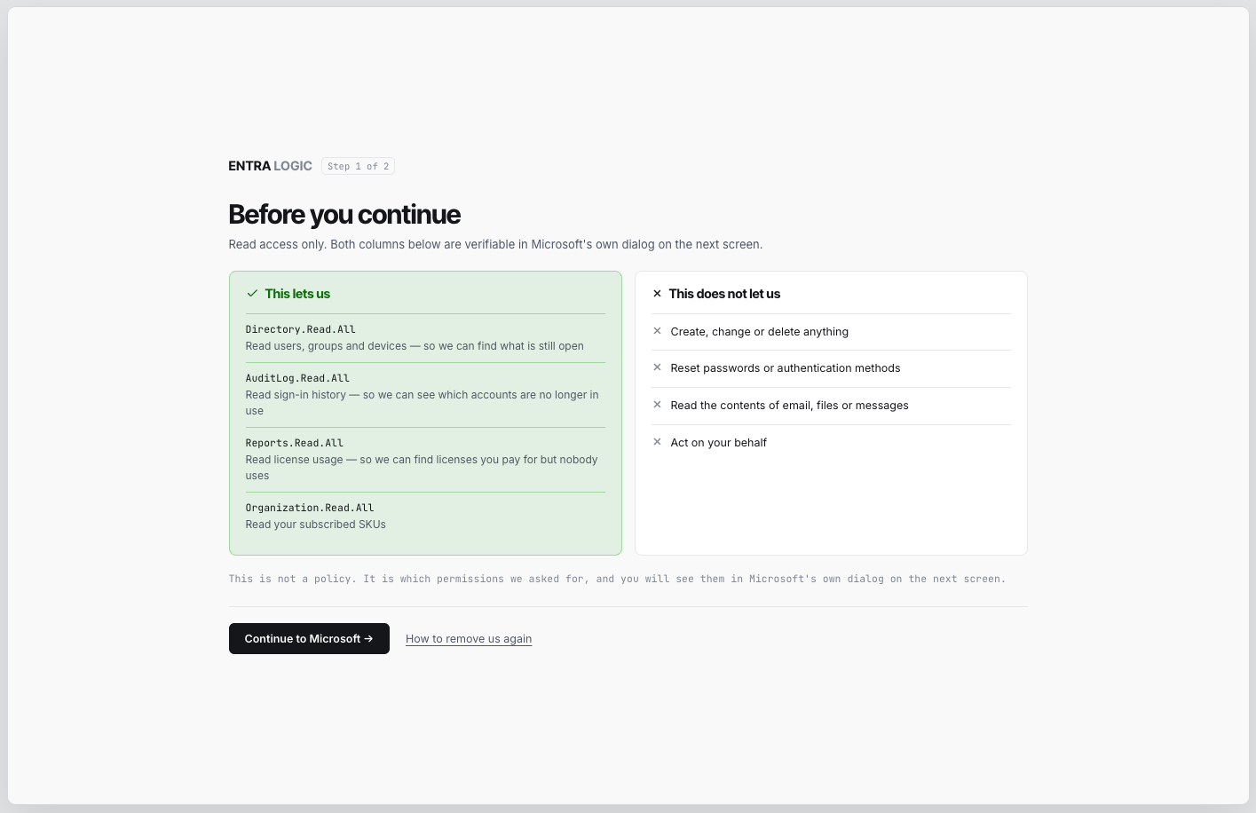Consent screen listing the read-only Microsoft Graph permissions Entra Logic asks for
