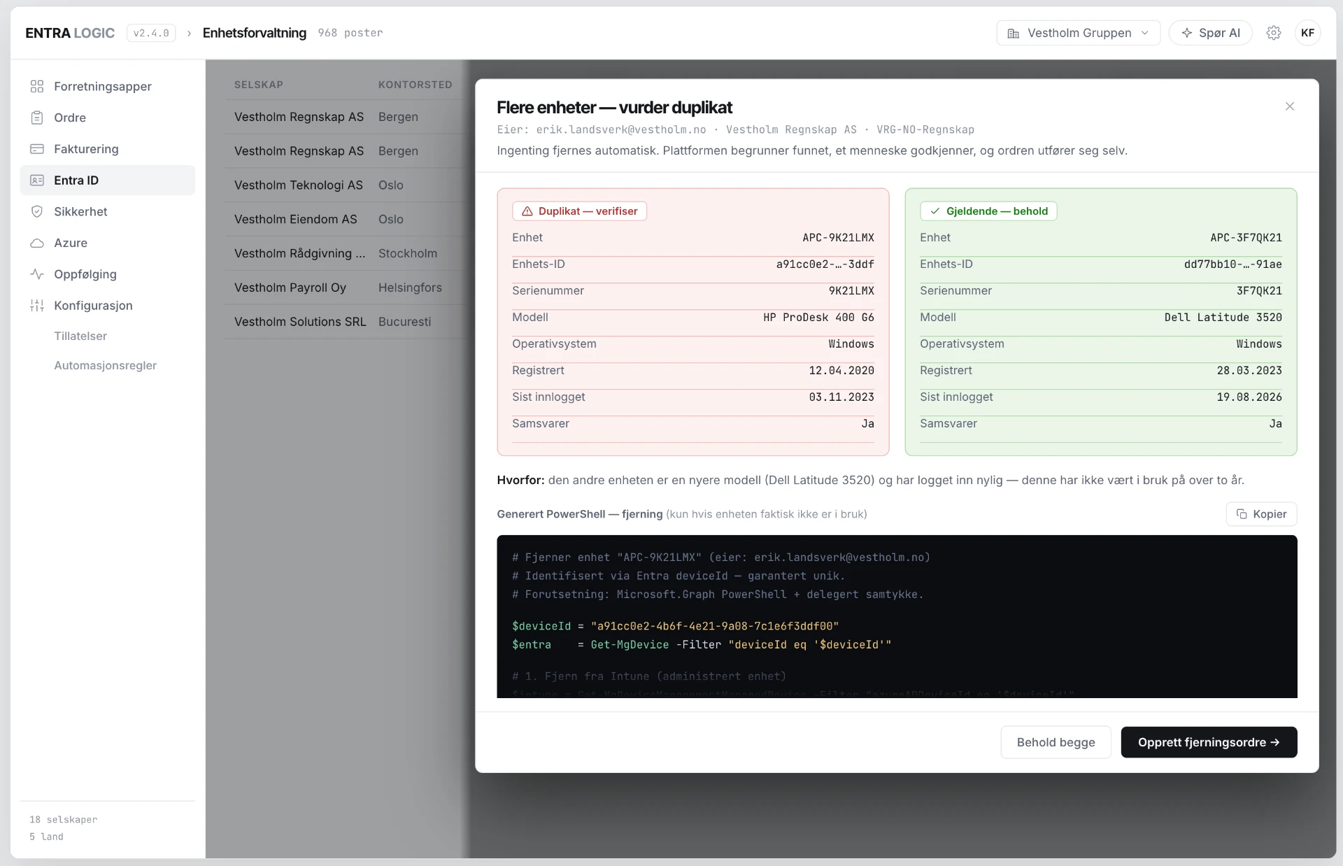 Entra Logic — funn av duplikate enheter med begrunnelse og generert opprydding