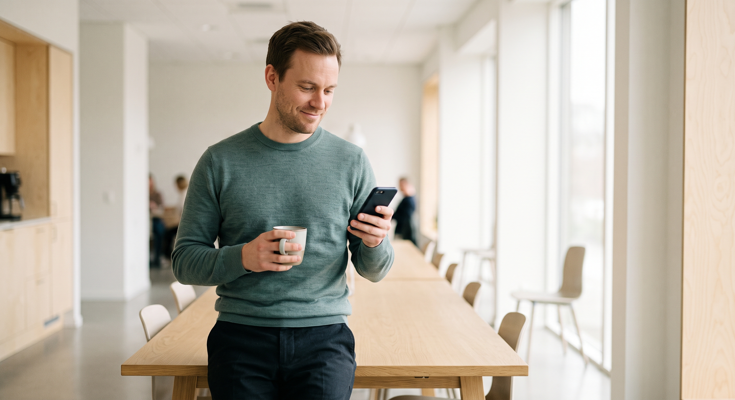 Smilende mann med kaffe og mobiltelefon