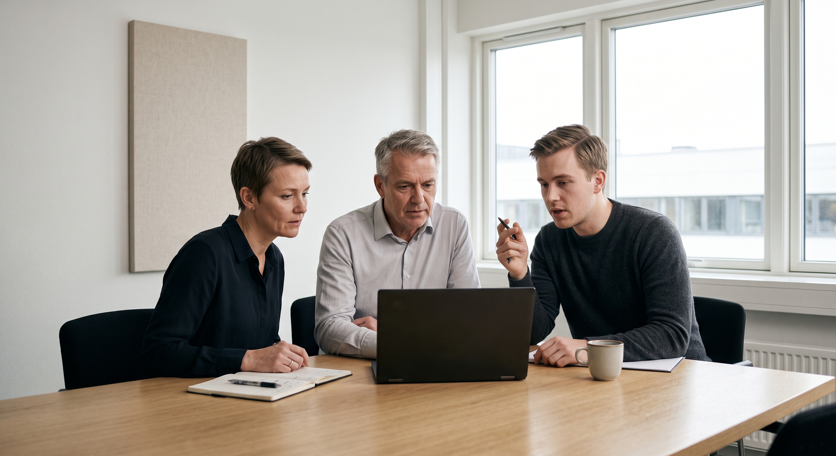 Tre kolleger samles rundt en bærbar PC i møte