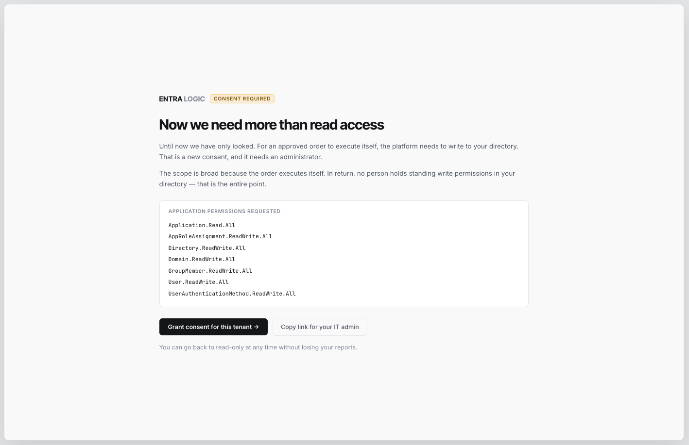 Upgrade screen explaining the separate write consent needed to execute orders