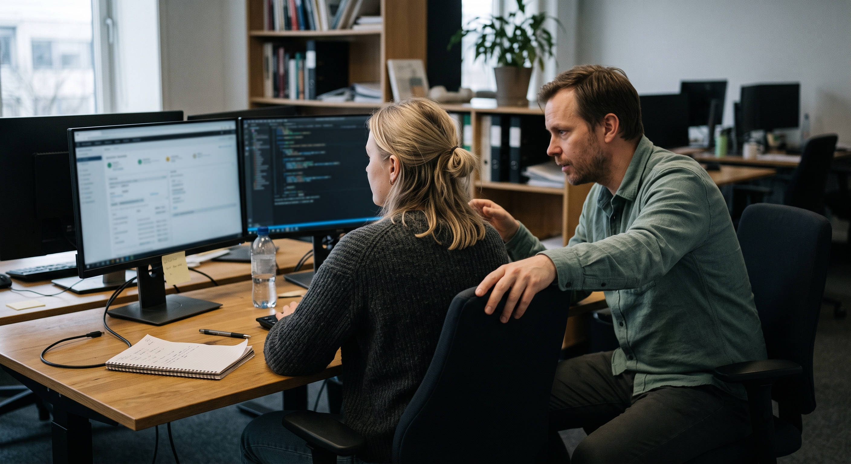 To teknikere ser på en skjerm sammen på et kontor