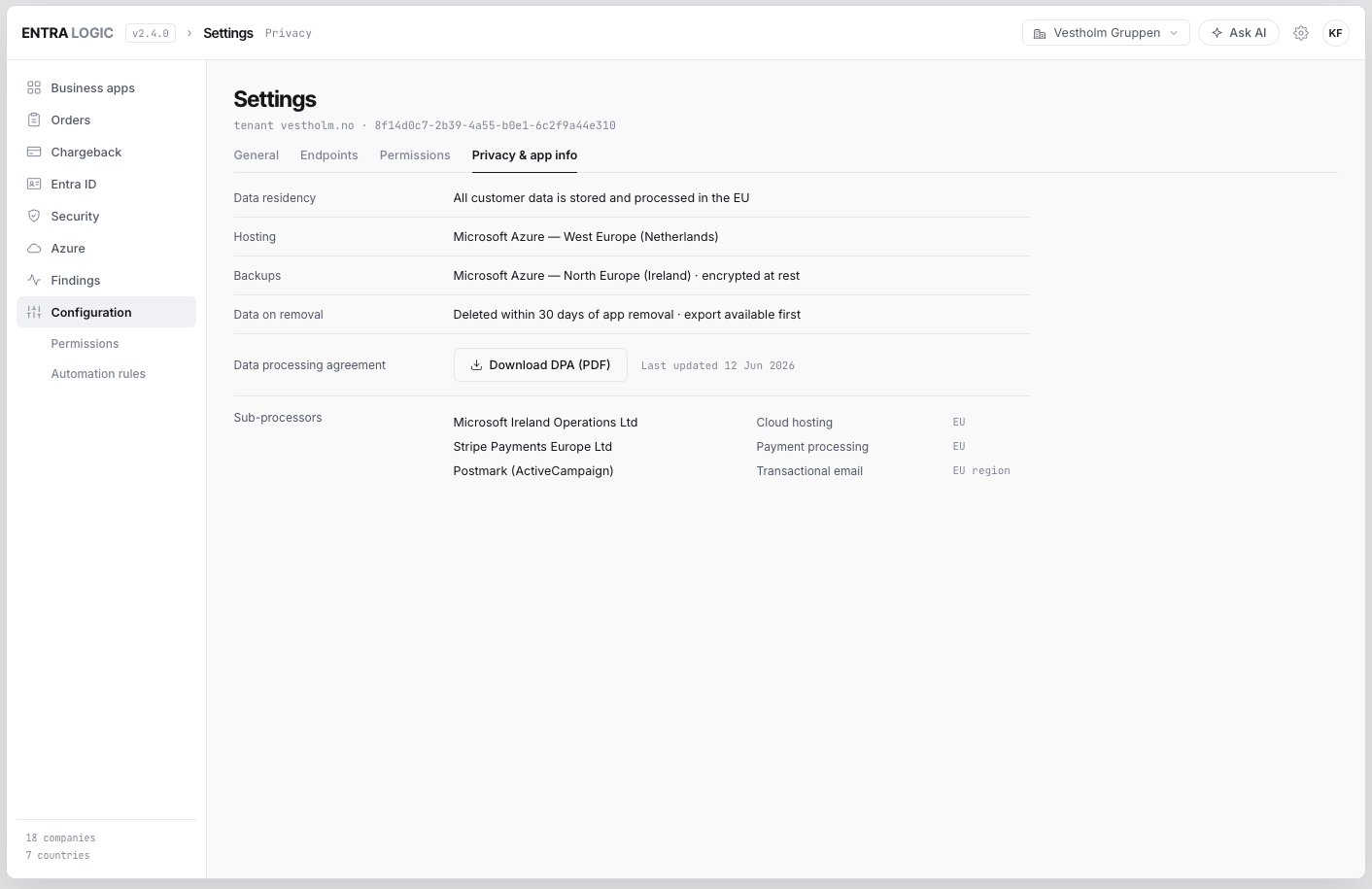 Privacy and app info settings with EU data residency, hosting and backup regions, the data processing agreement download and three named sub-processors