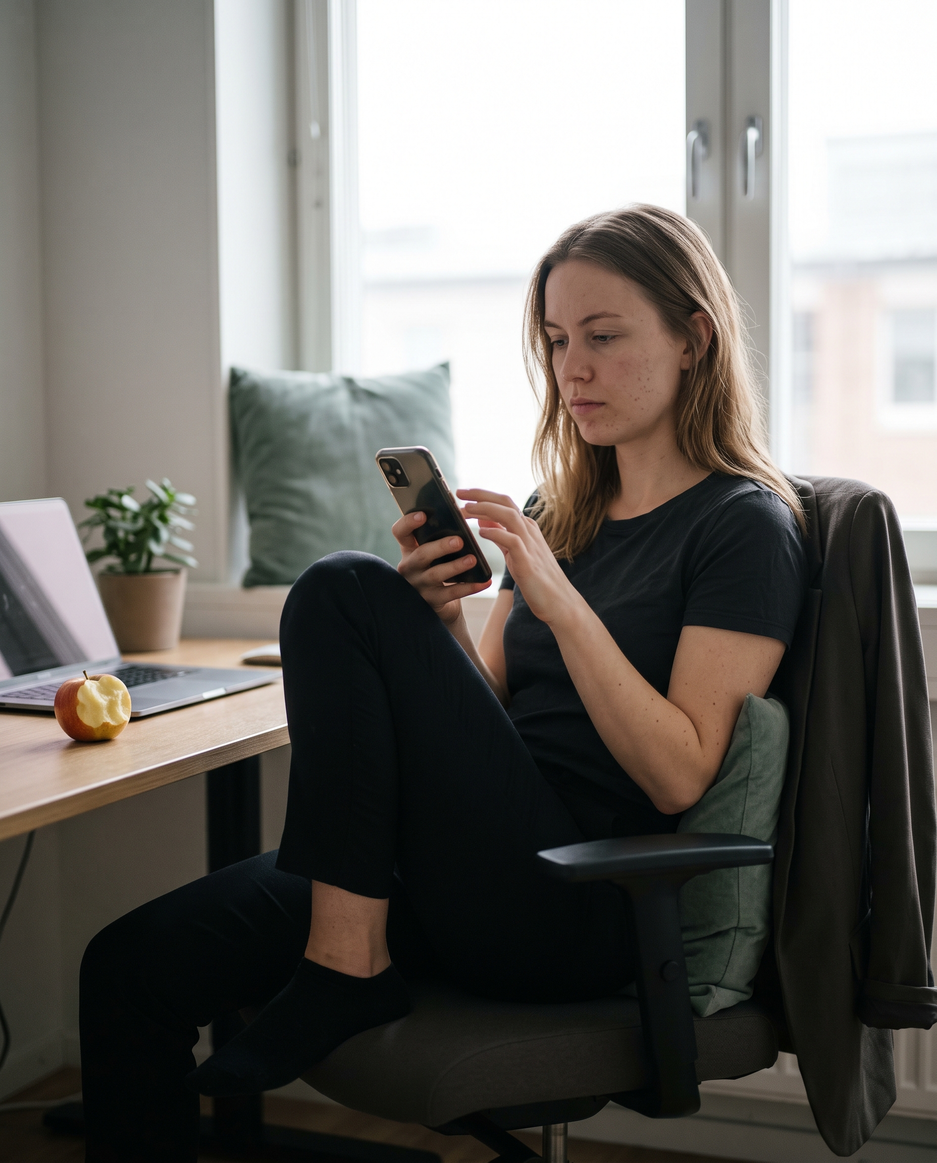 Kvinne sjekker mobiltelefon ved skrivebordet