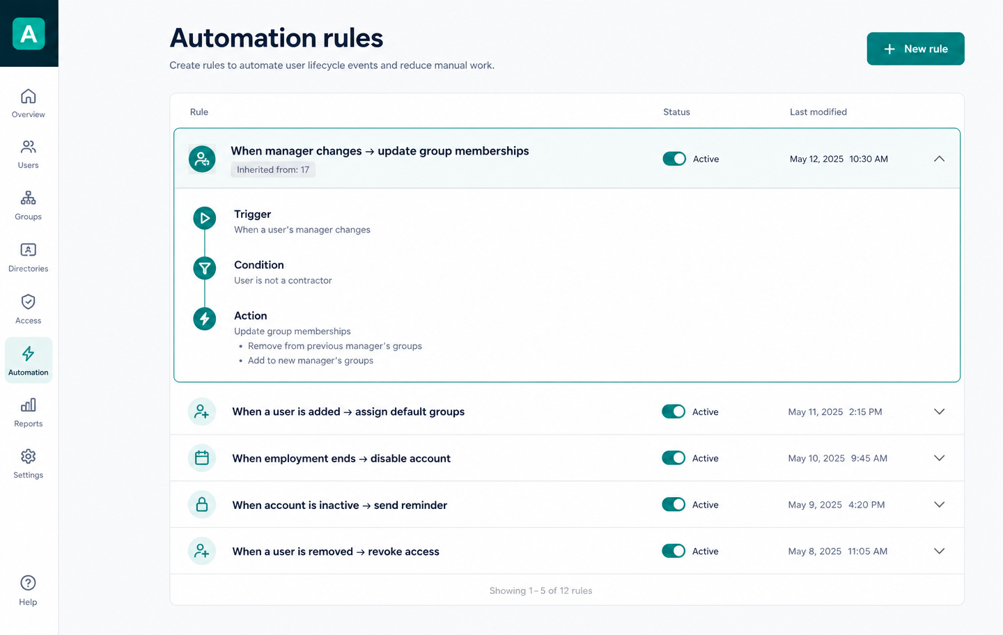 Automation rule editor showing a rule inherited from tenant 17 with its trigger, condition and actions