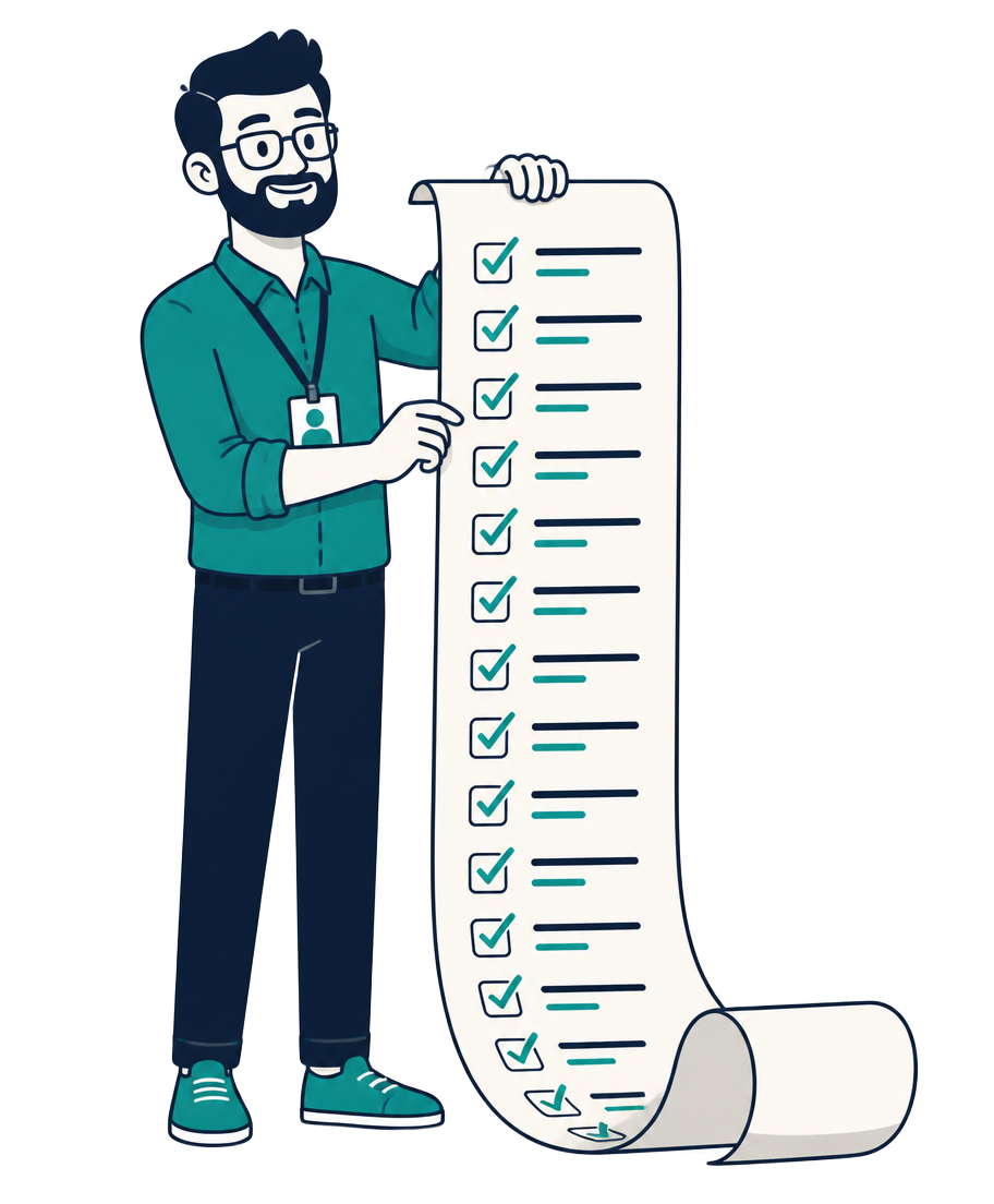 Illustration of an IT administrator holding a very long checklist that unrolls to the floor