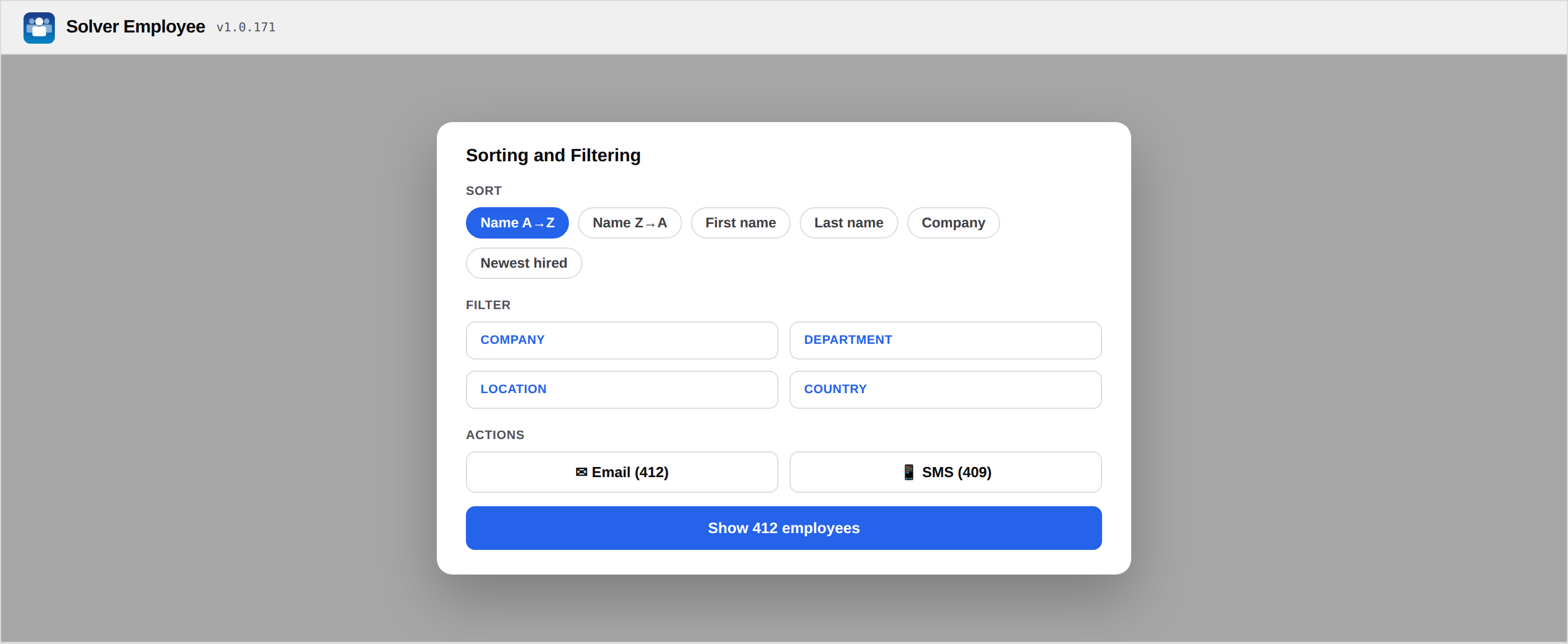 Sorting and Filtering dialog with bulk Email and SMS actions