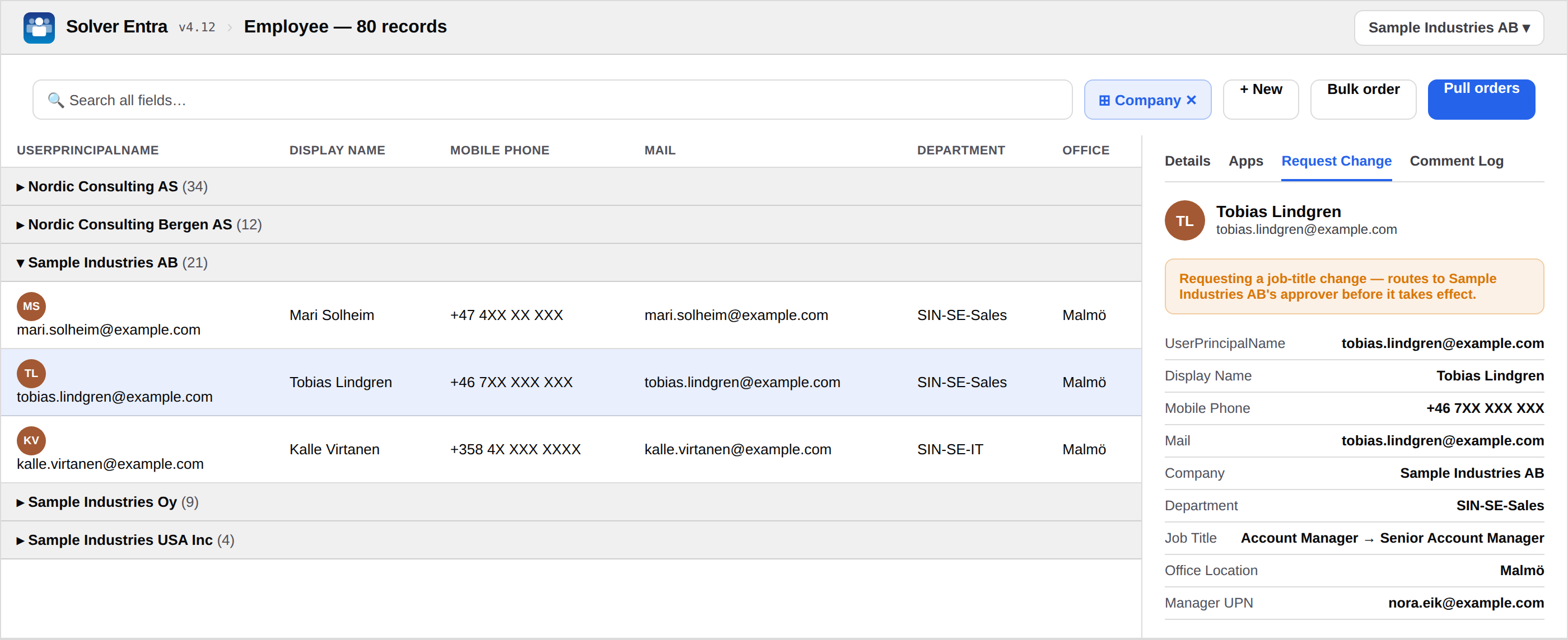 Employee dataset scoped to Sample Industries AB with a job-title change routed for approval