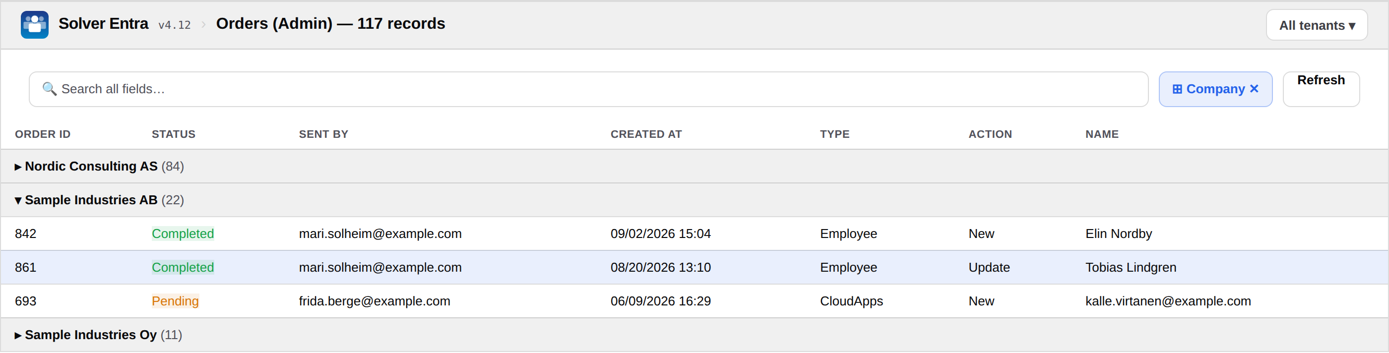 Orders admin view showing the complete tenant-wide order history grouped by legal entity