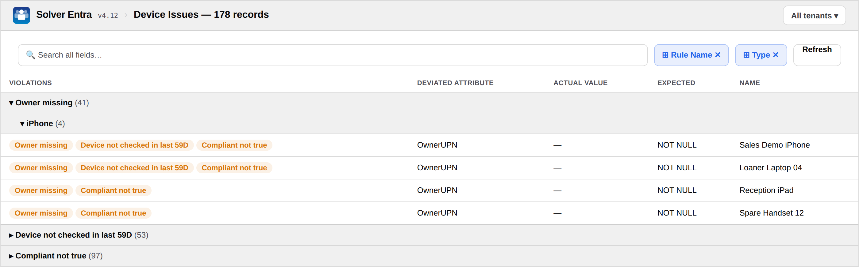 Device Issues grouped by rule and device type, showing Owner missing, Device not checked in last 59D and Compliant not true